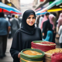 A woman wearing a hijab and a bra standing in the middle of a bustling market