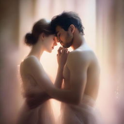 A delicate and emotional scene depicting the fragile ties of passion, with ethereal lights and soft, warm colors