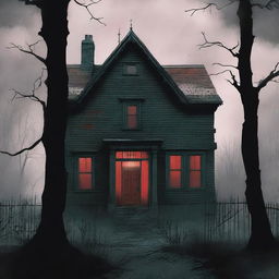 The cover features a dark and haunting illustration of an old, decrepit house with a red door