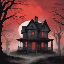 The cover features a dark and haunting illustration of an old, decrepit house with a red door