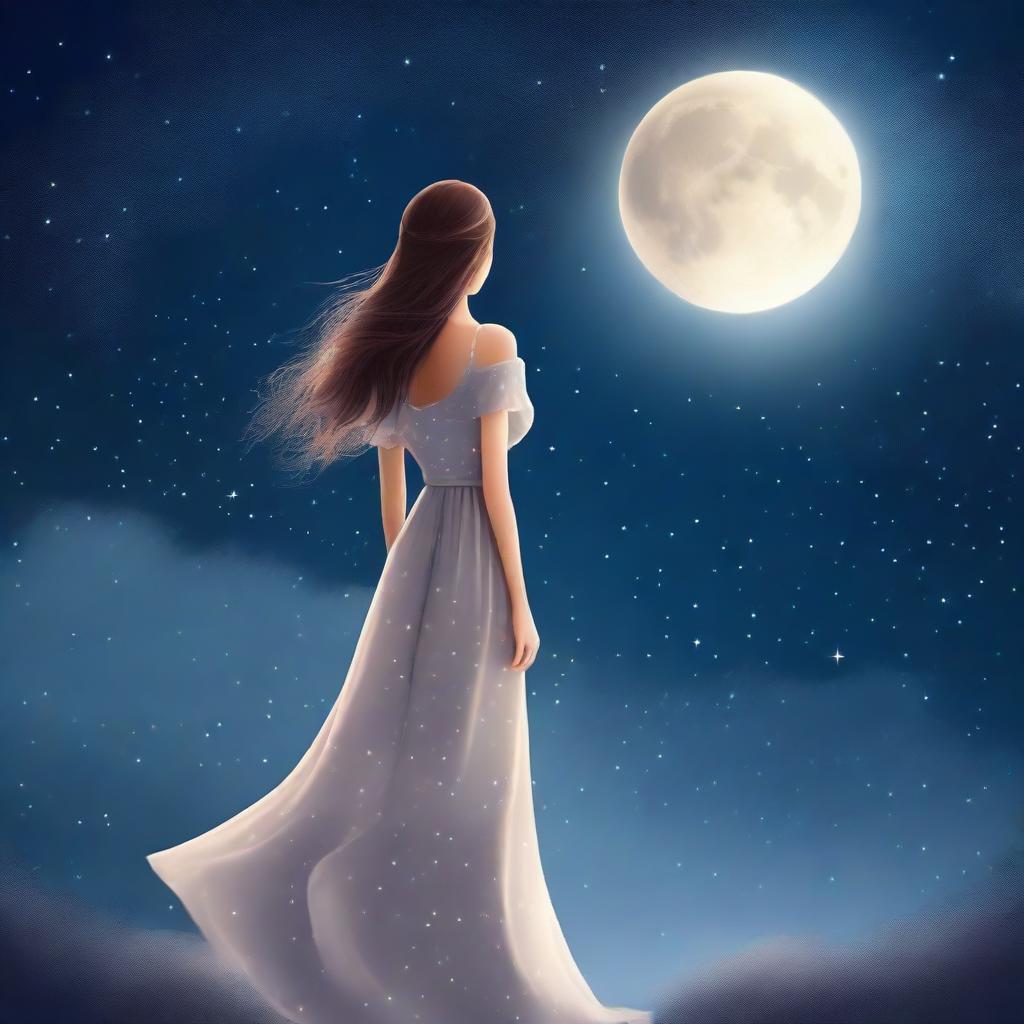 A beautiful woman in a dress is looking at the full moon and stars in the sky