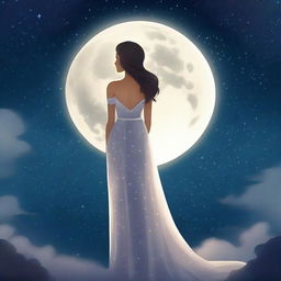 A beautiful woman in a dress is looking at the full moon and stars in the sky