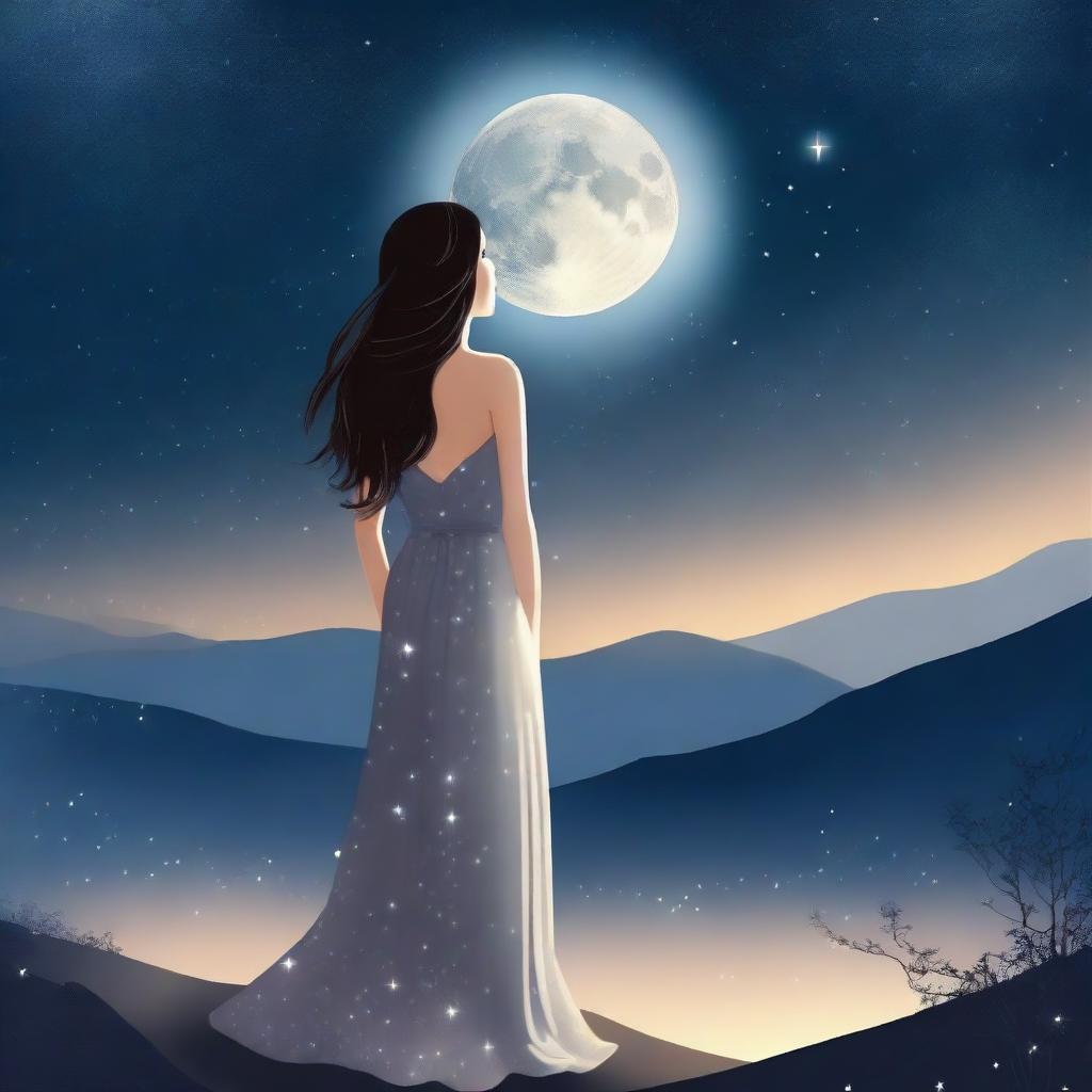 A beautiful woman in a dress is looking at the full moon and stars in the sky