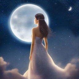 A beautiful woman in a dress is looking at the full moon and stars in the sky