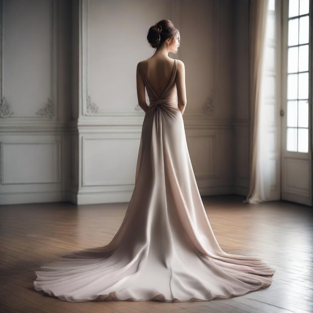 A beautiful woman in a dress is seen from the back