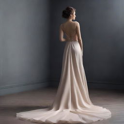 A beautiful woman in a dress is seen from the back