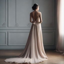 A beautiful woman in a dress is seen from the back