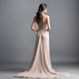 A beautiful woman in a dress is seen from the back