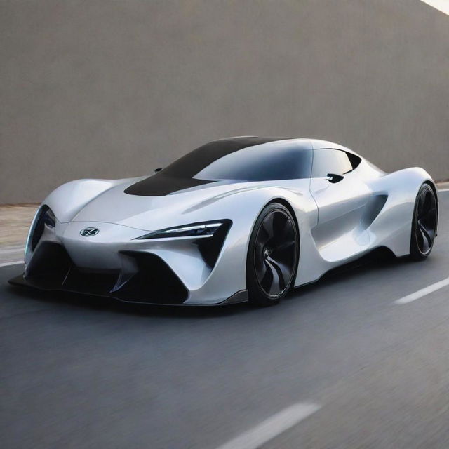 A futuristic interpretation of a Toyota car, decked out in cutting-edge technology, sleek aerodynamic design, and sustainable energy systems.