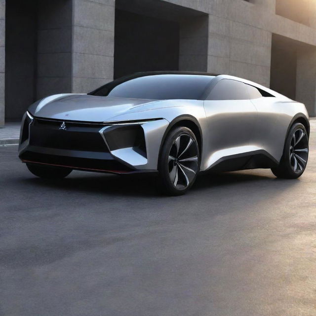 A futuristic vision of a Mitsubishi car, featuring anticipated technological advancements, sleek and aerodynamic design, and sustainable energy systems.