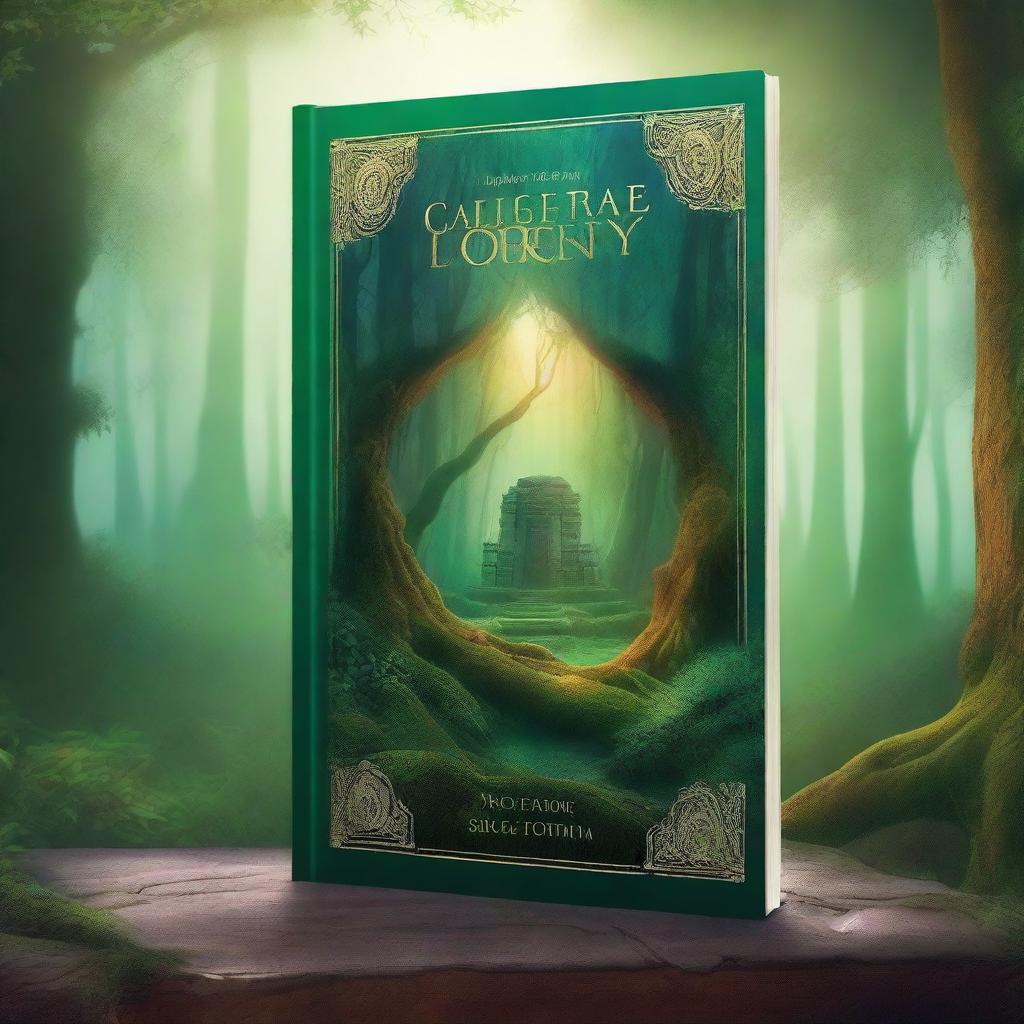 Create a captivating book cover featuring a mystical forest with a hidden ancient temple