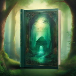 Create a captivating book cover featuring a mystical forest with a hidden ancient temple