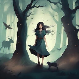 Design a fantasy book cover featuring a girl in a dark forest, surrounded by shadows and dark creatures such as fairies and centaurs