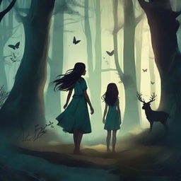 Design a fantasy book cover featuring a girl in a dark forest, surrounded by shadows and dark creatures such as fairies and centaurs