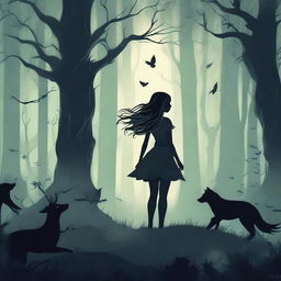 Design a fantasy book cover featuring a girl in a dark forest, surrounded by shadows and dark creatures such as fairies and centaurs