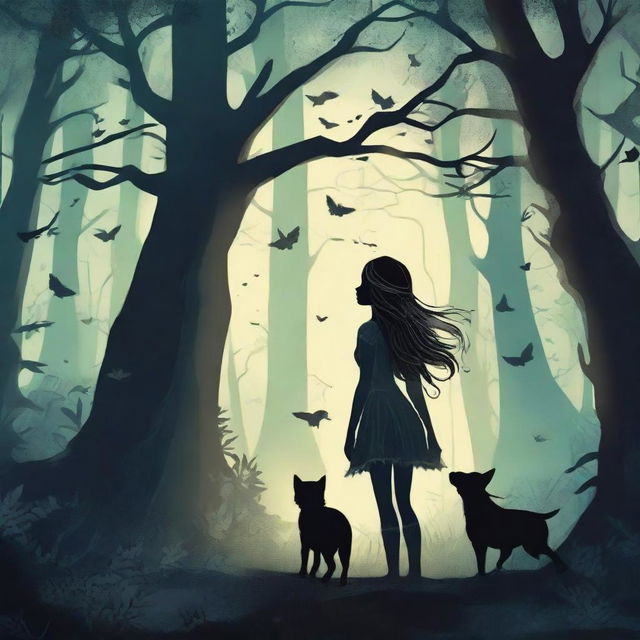 Design a fantasy book cover featuring a girl in a dark forest, surrounded by shadows and dark creatures such as fairies and centaurs