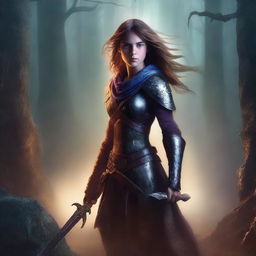 Create a realistic fantasy book cover featuring a brave girl holding a sword