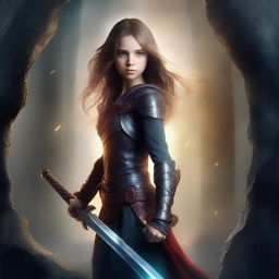 Create a realistic fantasy book cover featuring a brave girl holding a sword