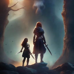 Create a realistic fantasy book cover featuring a brave girl holding a sword