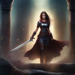 Create a realistic fantasy book cover featuring a brave girl holding a sword