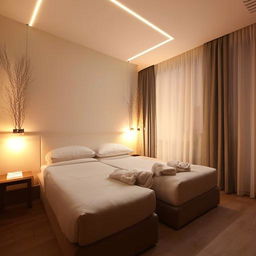 Comfortable, inviting room interior with trendy furniture layout, modern decor and balanced lighting.