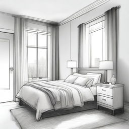 A detailed pencil drawing of an interior sketch of a bedroom