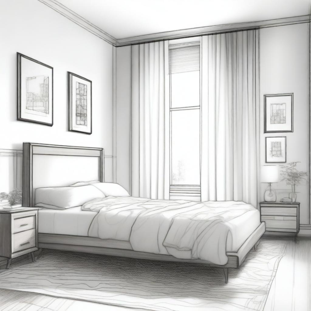 A detailed pencil drawing of an interior sketch of a bedroom