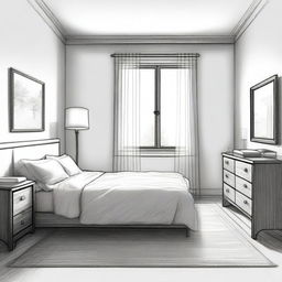 A detailed pencil drawing of an interior sketch of a bedroom