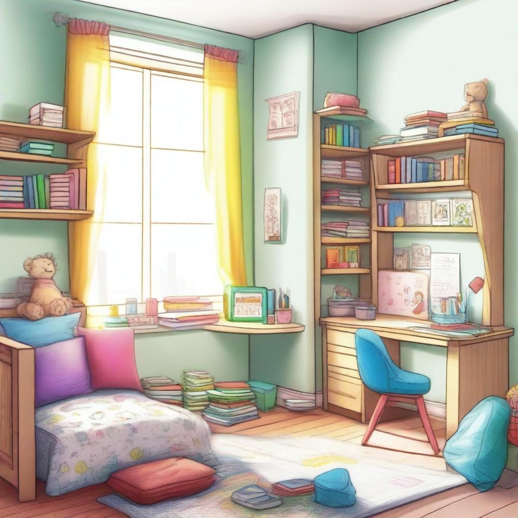 A detailed interior sketch of a children's bedroom