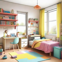 A detailed interior sketch of a children's bedroom