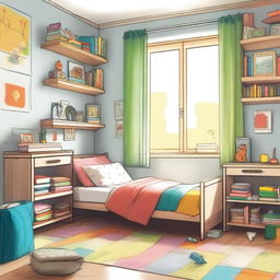 A detailed interior sketch of a children's bedroom