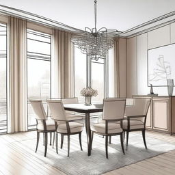 A detailed interior sketch of a modern dining room