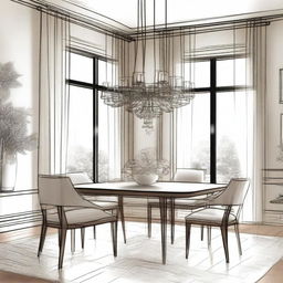 A detailed interior sketch of a modern dining room