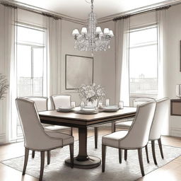 A detailed interior sketch of a modern dining room