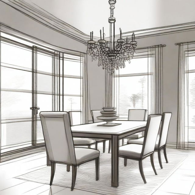 A detailed interior sketch of a modern dining room