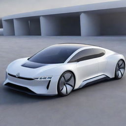 A futurist interpretation of a Volkswagen car, showcasing cutting-edge technology, fluidic aerodynamic design, and sustainable energy systems.