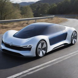 A futurist interpretation of a Volkswagen car, showcasing cutting-edge technology, fluidic aerodynamic design, and sustainable energy systems.