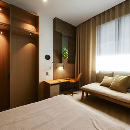 Comfortable, inviting room interior with trendy furniture layout, modern decor and balanced lighting.