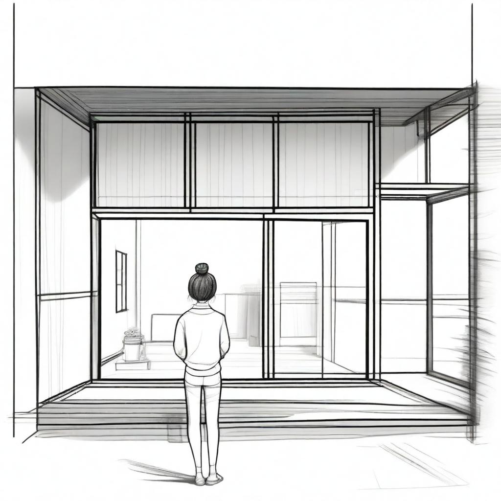 A sketched back view image of a girl with a Korean hair bun, standing and facing the door of a modern duplex house