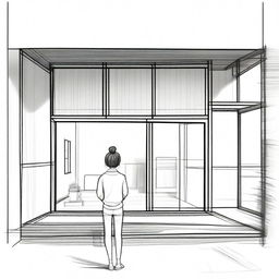 A sketched back view image of a girl with a Korean hair bun, standing and facing the door of a modern duplex house