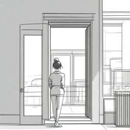 A sketched back view image of a girl with a Korean hair bun, standing and facing the door of a modern duplex house