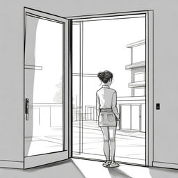 A sketched back view image of a girl with a Korean hair bun, standing and facing the door of a modern duplex house