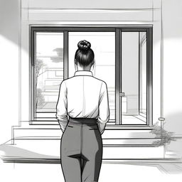 A sketched back view image of a girl with a Korean hair bun, standing and facing the door of a modern duplex house