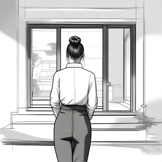 A sketched back view image of a girl with a Korean hair bun, standing and facing the door of a modern duplex house