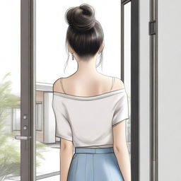 A realistic sketched back view close-up image of a beautiful lady with a Korean hair bun, facing the door of a modern duplex house