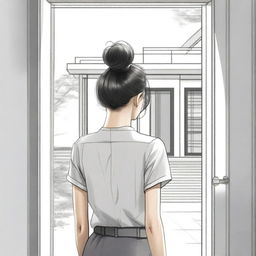 A realistic sketched back view close-up image of a beautiful lady with a Korean hair bun, facing the door of a modern duplex house