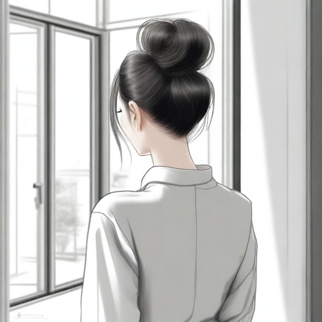 A realistic sketched back view close-up image of a beautiful lady with a Korean hair bun, facing the door of a modern duplex house