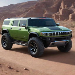 A futuristic vision of a Hummer car, including state-of-the-art technology, aerodynamic design, and environment-friendly energy systems.