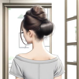 A realistic sketched back view close-up image of a beautiful lady with a Korean hair bun, facing the door of a modern duplex house