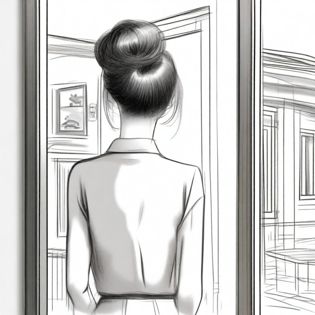 A sketched back view close-up image of a beautiful lady with a Korean hair bun, facing the door of a modern duplex house